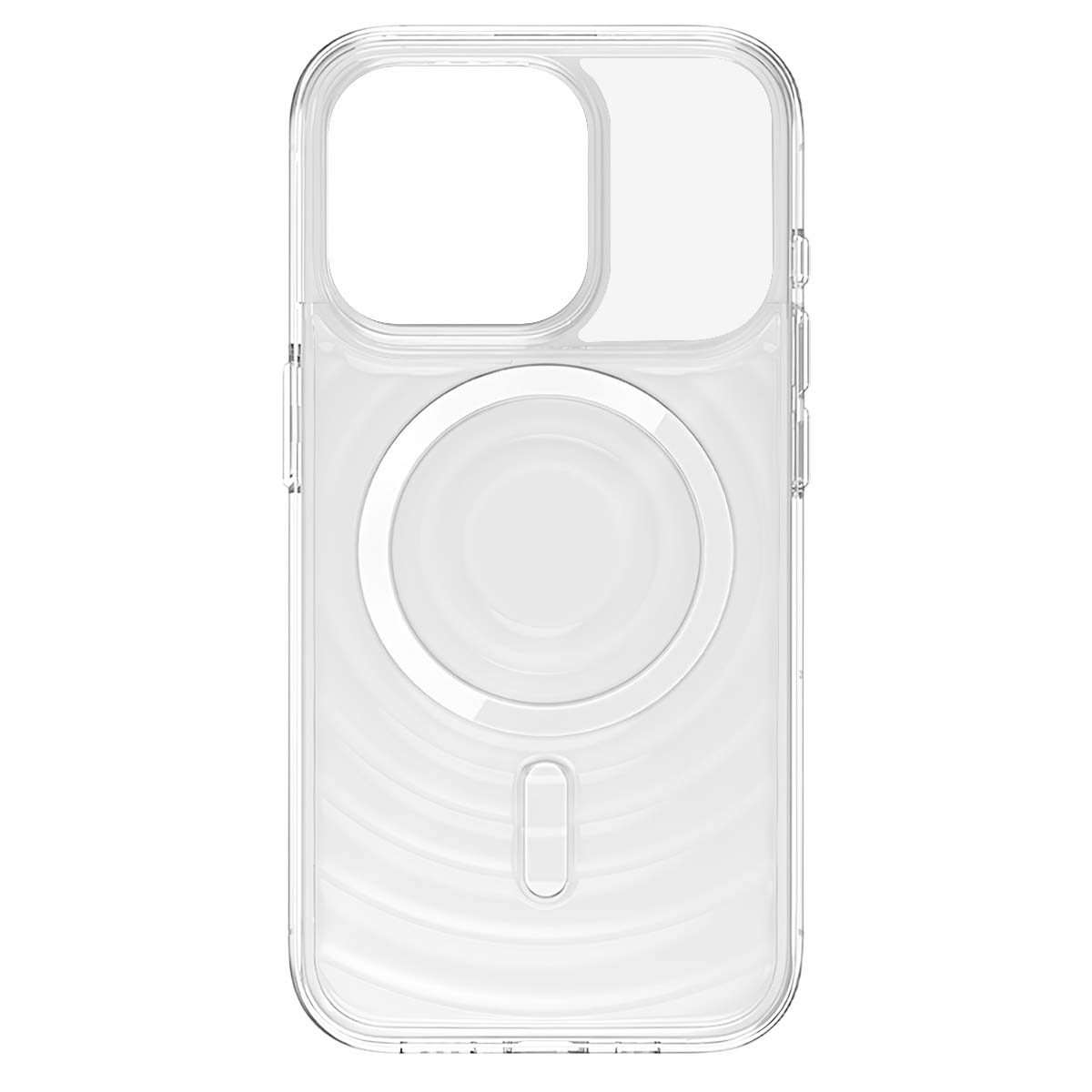 Custodia trasparente per telefono con magnete circolare.