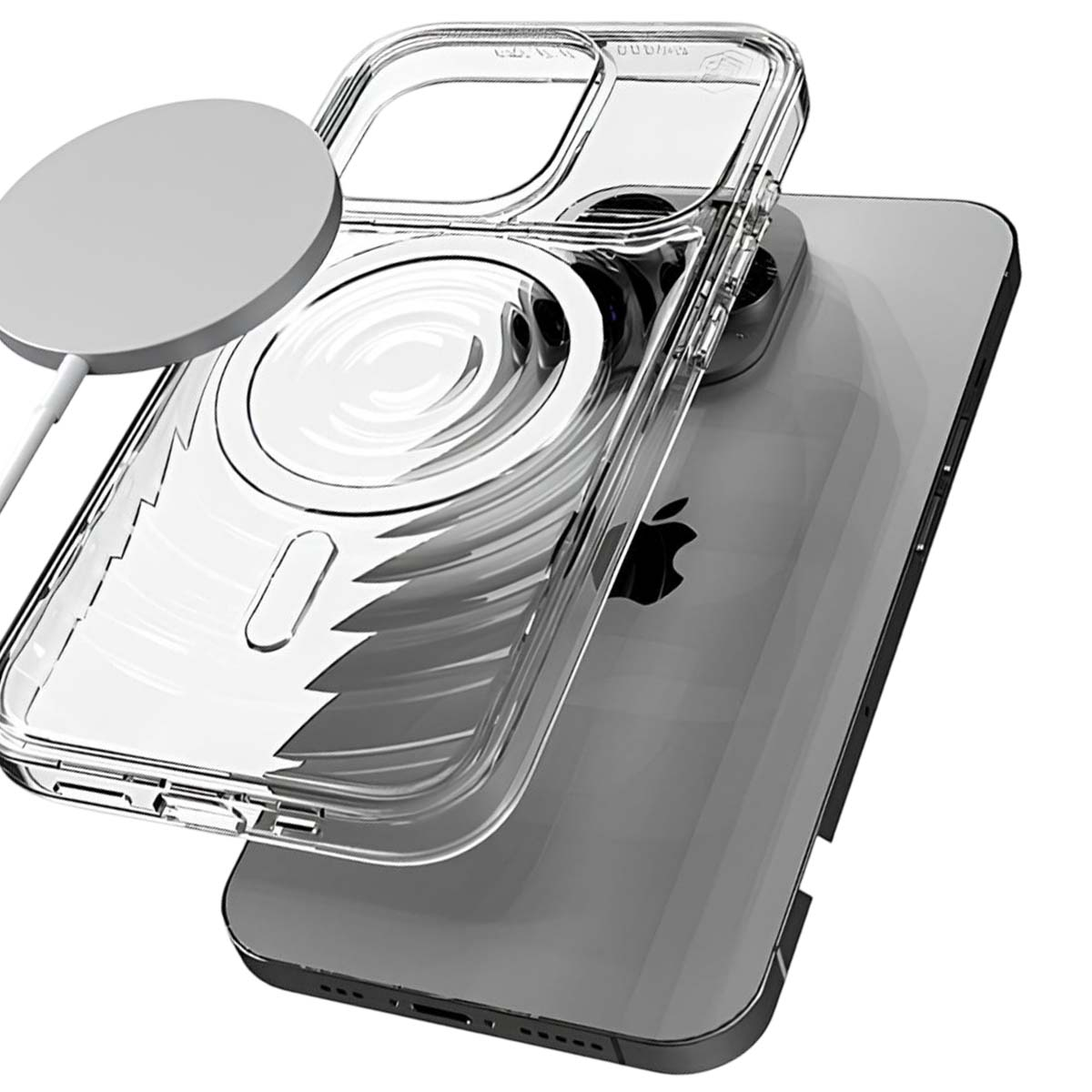 Una cover trasparente con caricatore magnetico su un iPhone argentato.