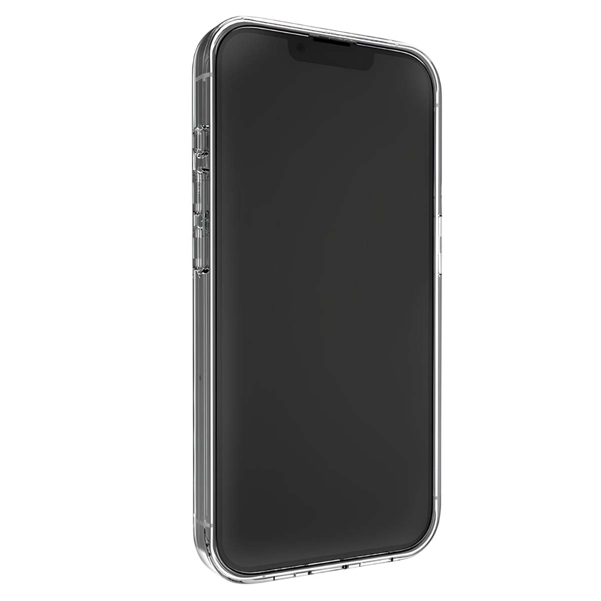 Una custodia per telefono trasparente su sfondo bianco.