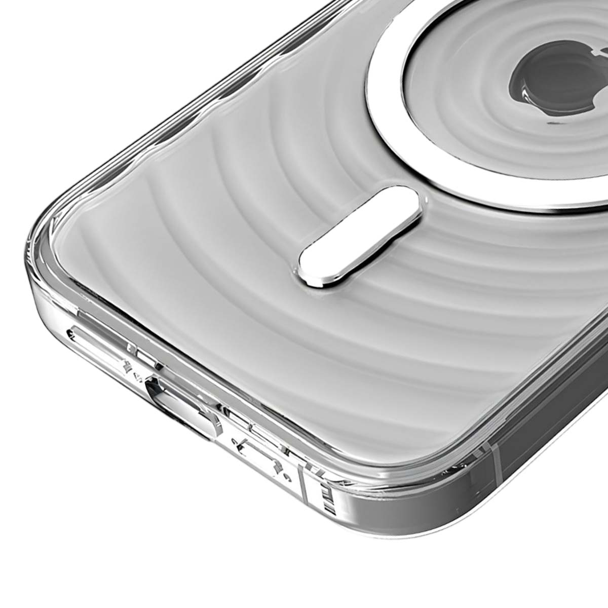 Custodia trasparente per telefono con anello MagSafe e pulsanti laterali.
