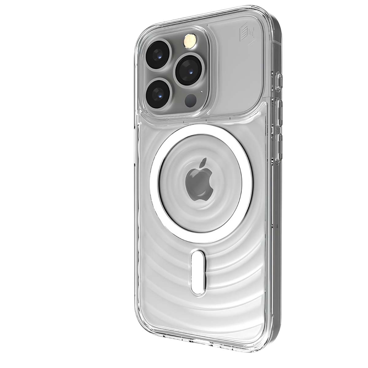 Custodia trasparente per telefono con logo Apple e lenti fotocamera.