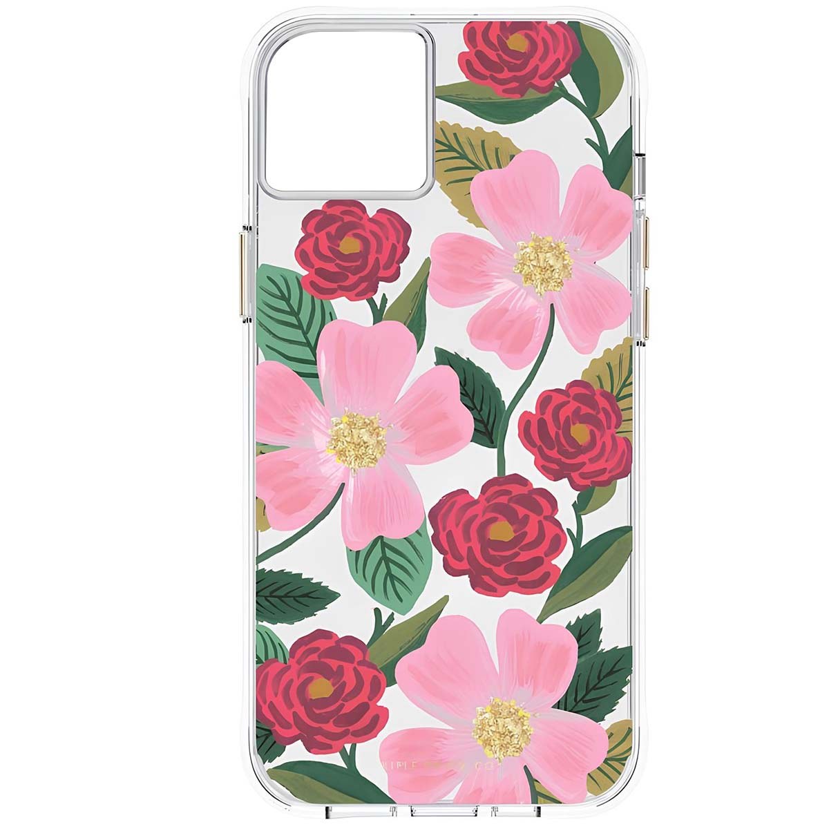 Cover trasparente per telefono con fiori rosa e rossi e foglie verdi.