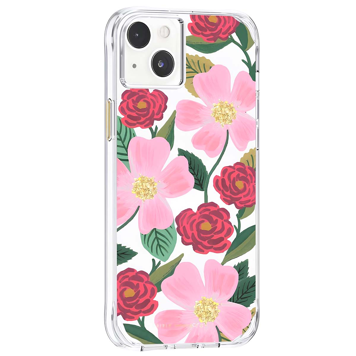 Custodia trasparente per iPhone con motivo floreale rosa e rosso. Centri dorati sui fiori.