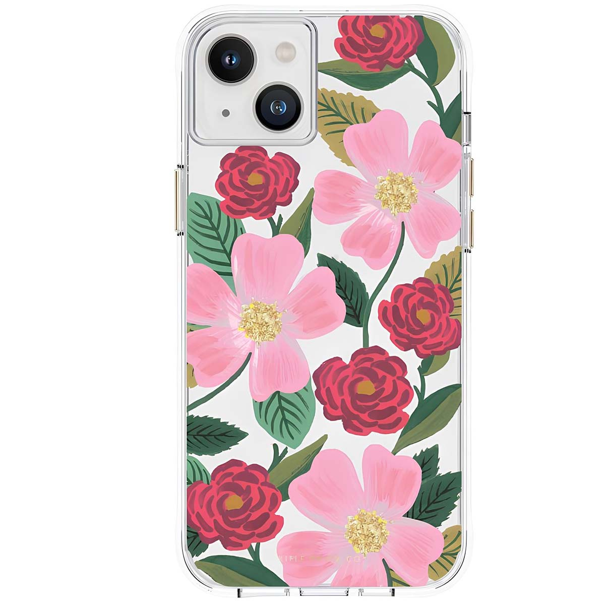 Custodia trasparente per telefono con fiori rosa e rossi, foglie verdi e accenti dorati.