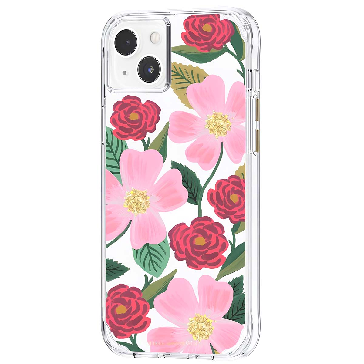 Custodia trasparente per iPhone con fiori rosa e rossi, foglie verdi e accenti dorati.