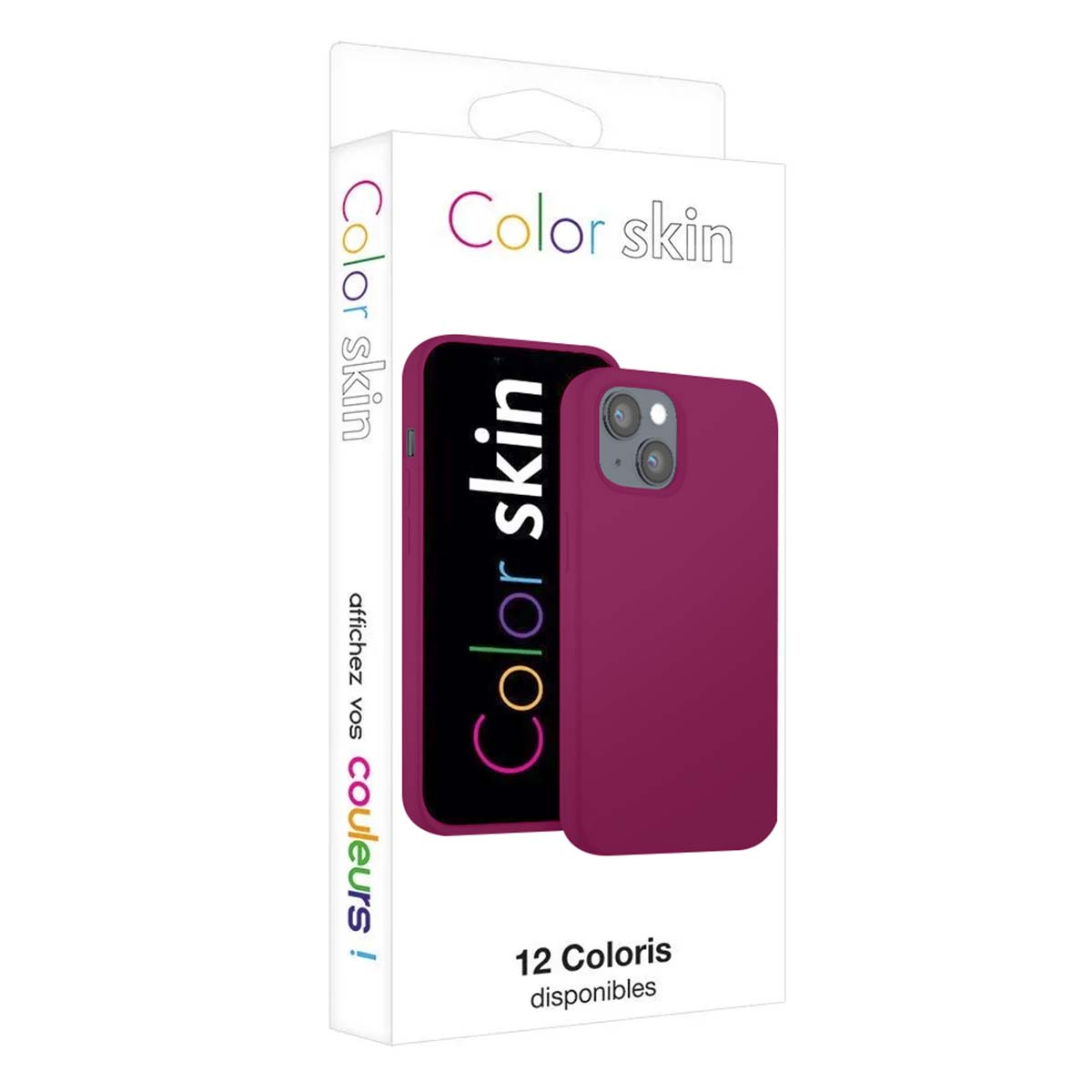 Una cover per telefono magenta su un telefono, con testo "Color skin" sulla confezione.