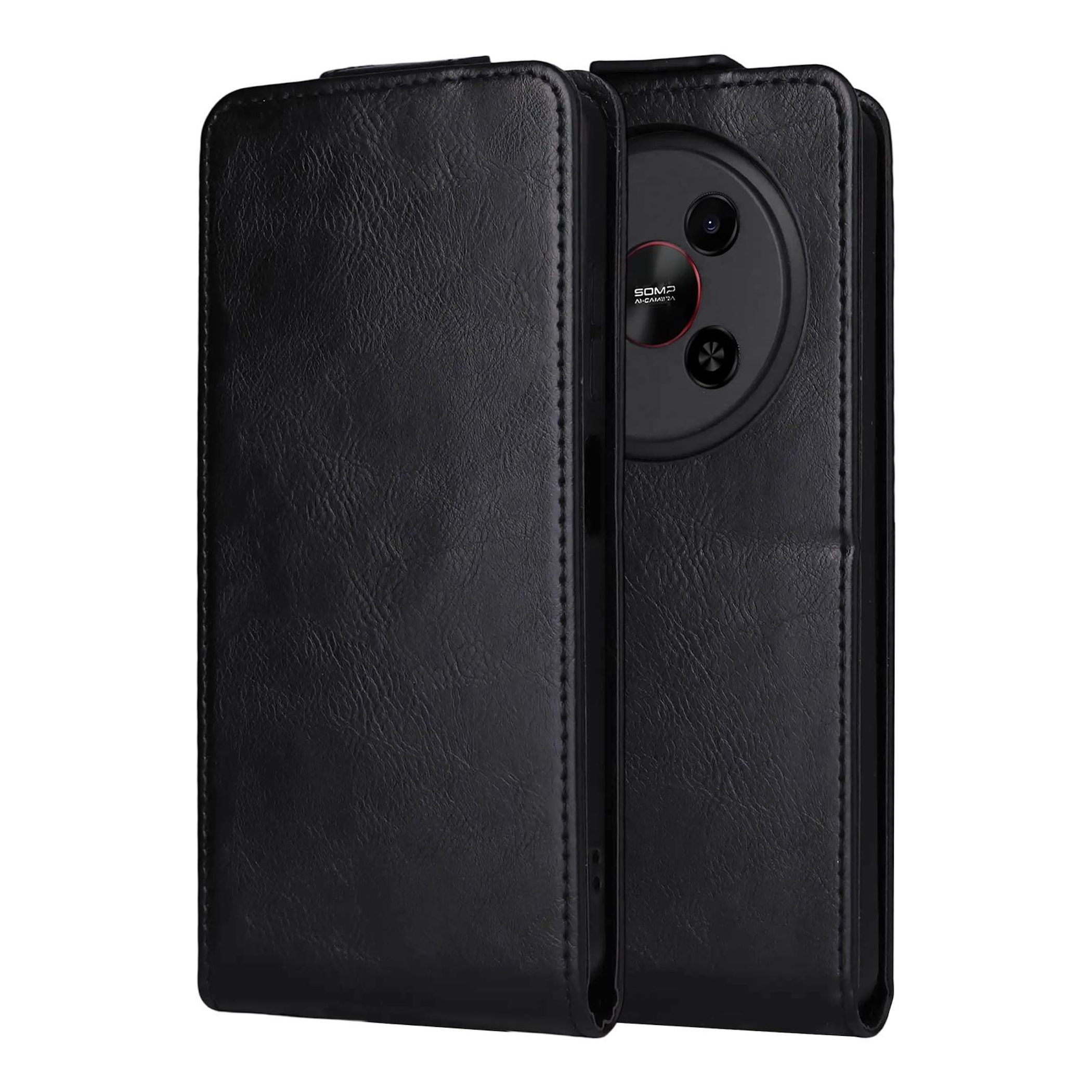 Schwarzes Smartphone mit einem Leder-Flip-Case. Die Rückseite zeigt eine runde Kamerainsel.