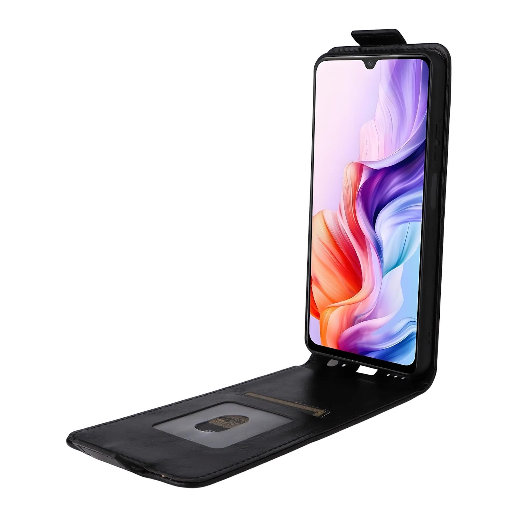Eine schwarze Klapphülle für ein Handy ist geöffnet und zeigt ein Handy mit buntem abstrakten Hintergrund.