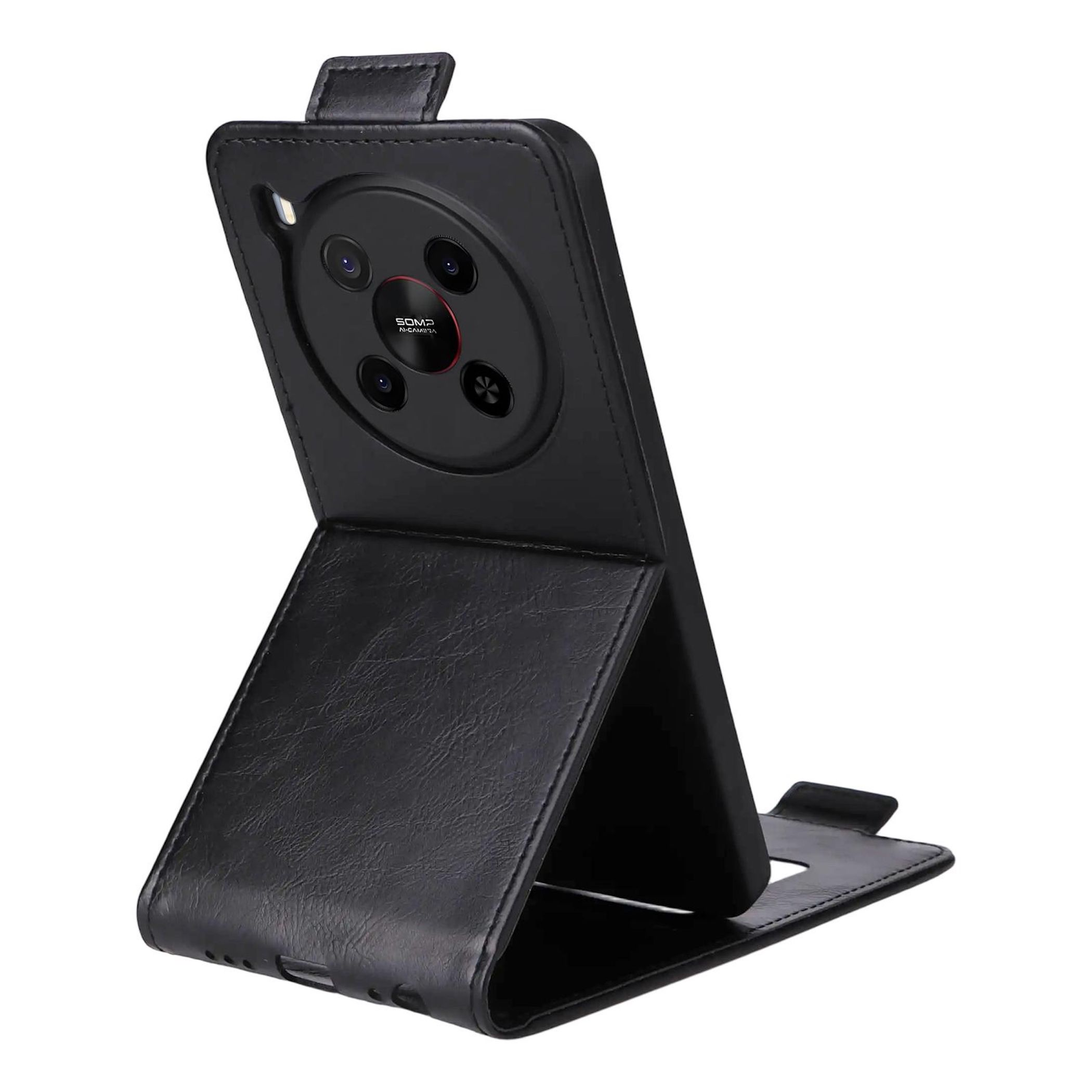 Ein schwarzes Leder-Flip-Case für ein Smartphone, das aufrecht steht.