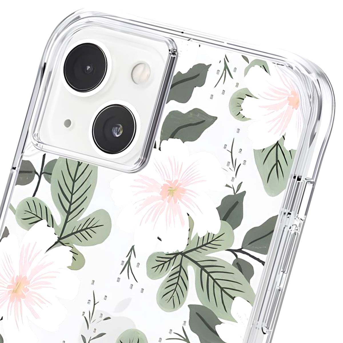 Una cover trasparente per telefono con fantasia floreale bianca, con fiori rosa e bianchi e foglie verdi.