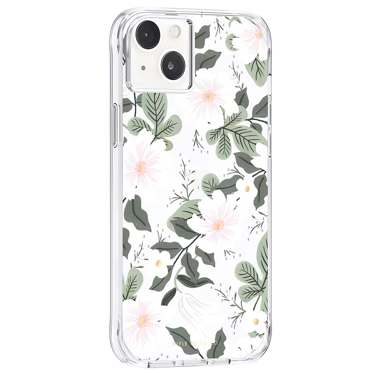Custodia trasparente per telefono con fiori bianchi, foglie verdi e fantasia floreale.