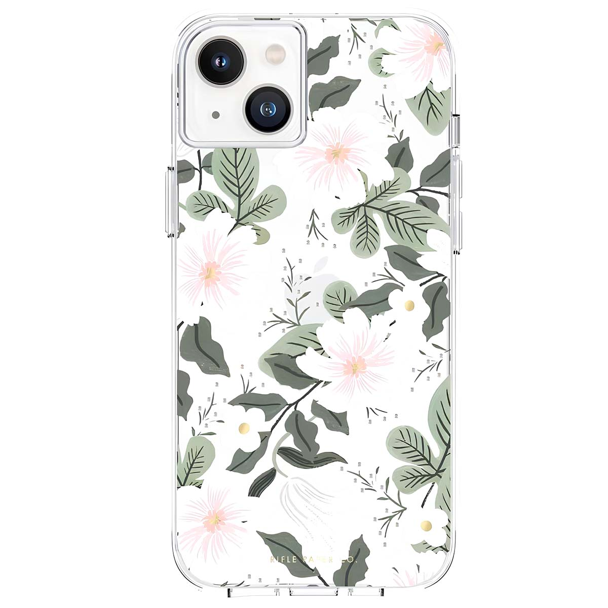 Custodia trasparente per telefono con motivo floreale bianco e foglie verdi. Fotocamera visibile.