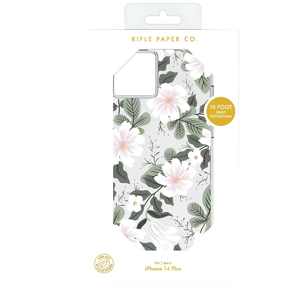 Confezione di cover per telefono Rifle Paper Co. con fiori bianchi e rosa su sfondo grigio.
