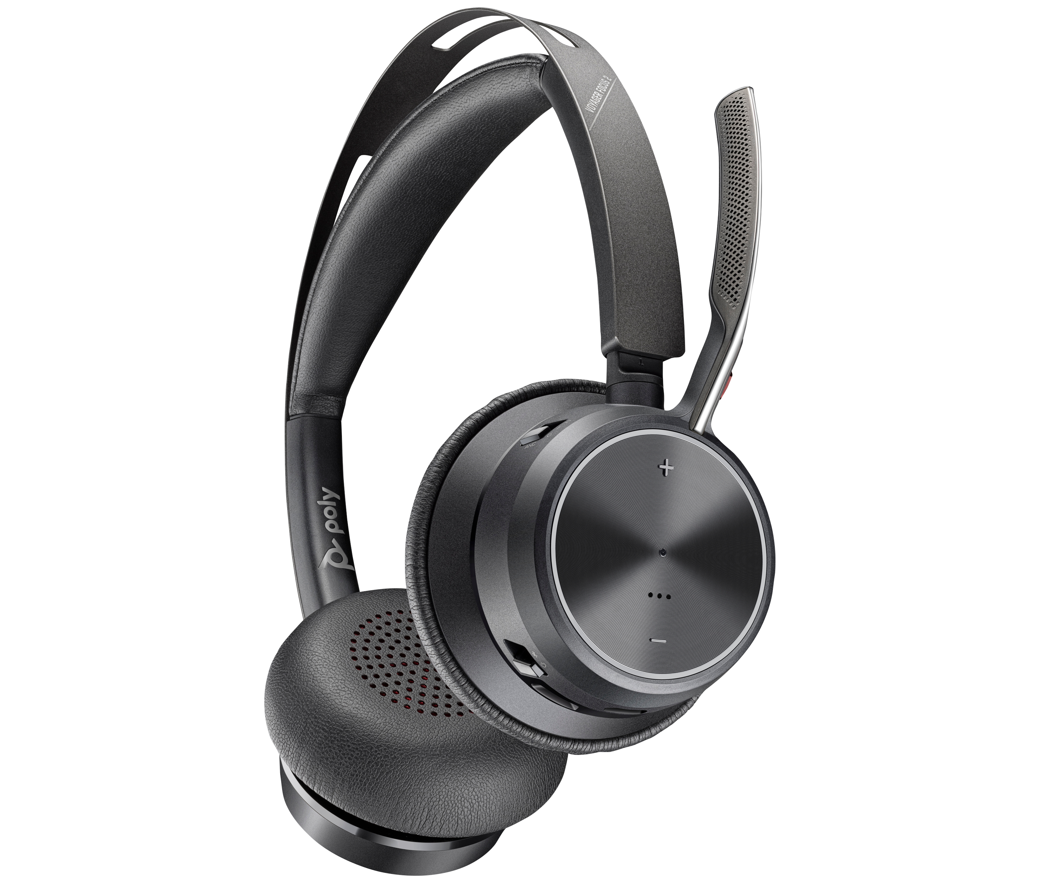 Viene mostrata una cuffia Poly Voyager Focus 2 nera con braccio microfonico rotante.