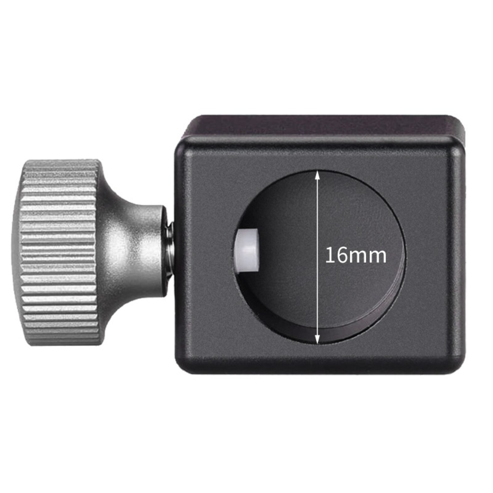 Ein schwarzer Klemmenadapter mit silbernem Rändelrad und einer 16-mm-Markierung.