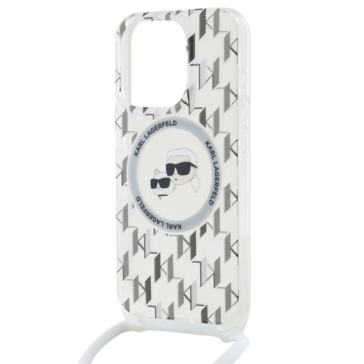 Una cover trasparente per telefono con motivo ripetuto del logo Karl Lagerfeld.