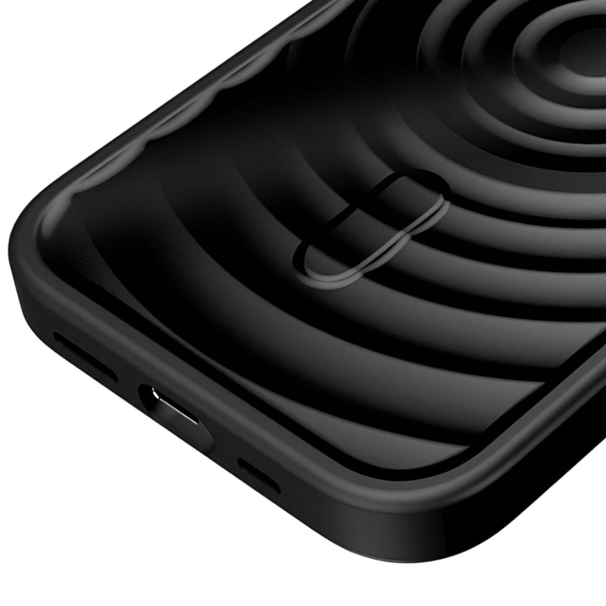 Custodia nera per telefono con texture circolare concentrica e ritagli laterali.