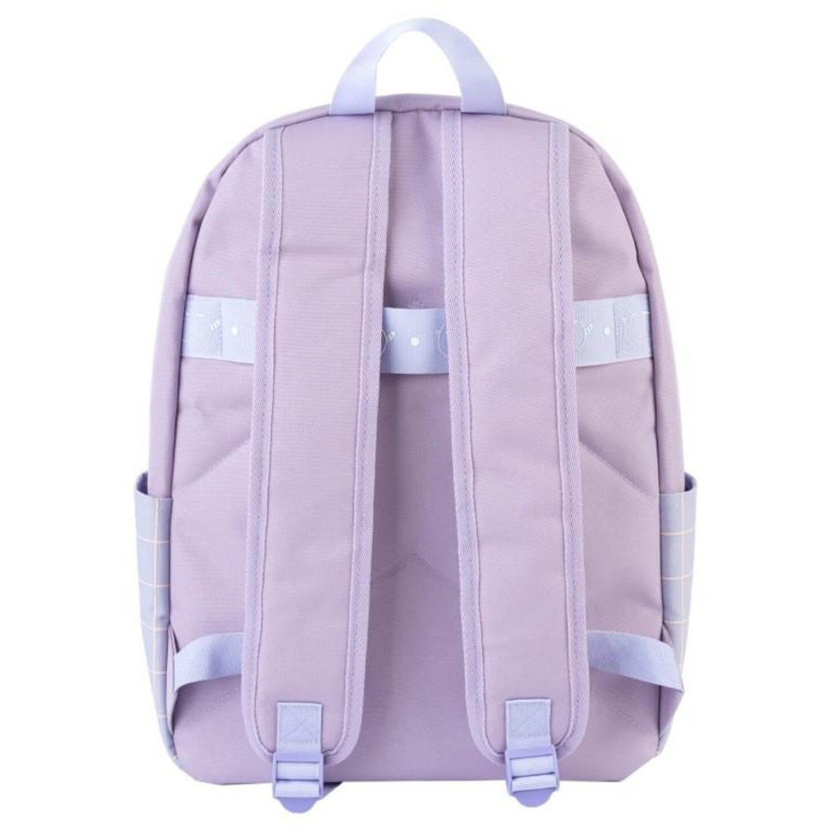 Uno zaino viola chiaro con spallacci imbottiti e tasche laterali. Ha un motivo a griglia.
