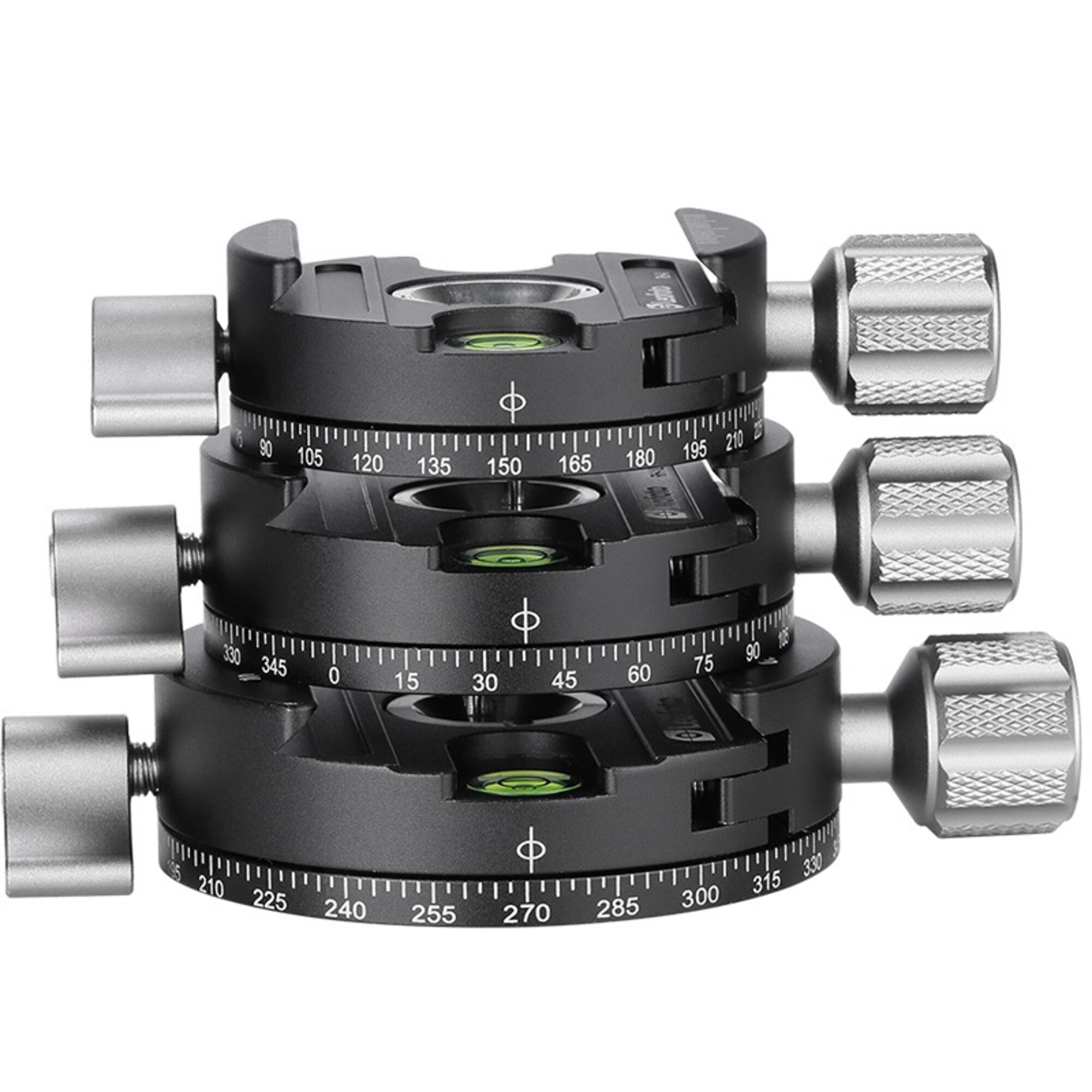 Ein dreistufiger Stativkopf aus schwarzem Metall mit Skalen und Libellen.