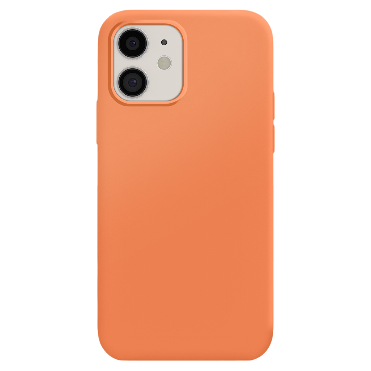 Custodia arancione per iPhone con ritaglio doppia fotocamera su sfondo bianco.