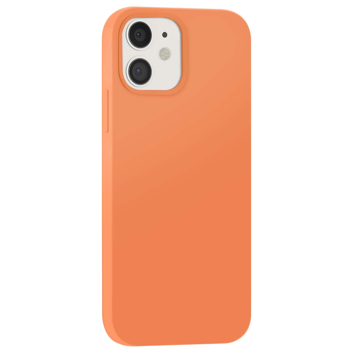 Custodia arancione per telefono con modulo fotocamera su sfondo bianco.