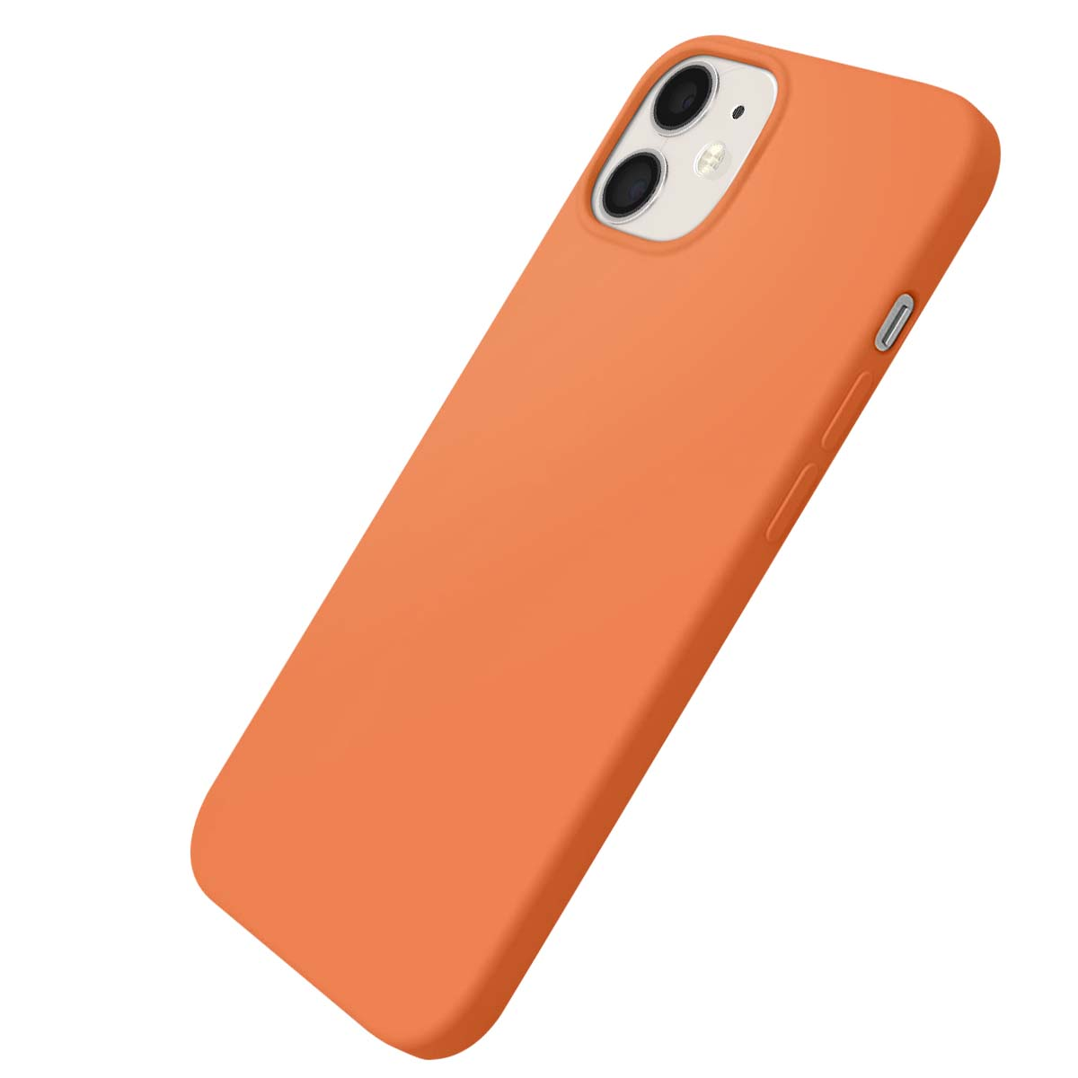 Une coque de téléphone orange avec découpe double caméra est présentée sur fond blanc.