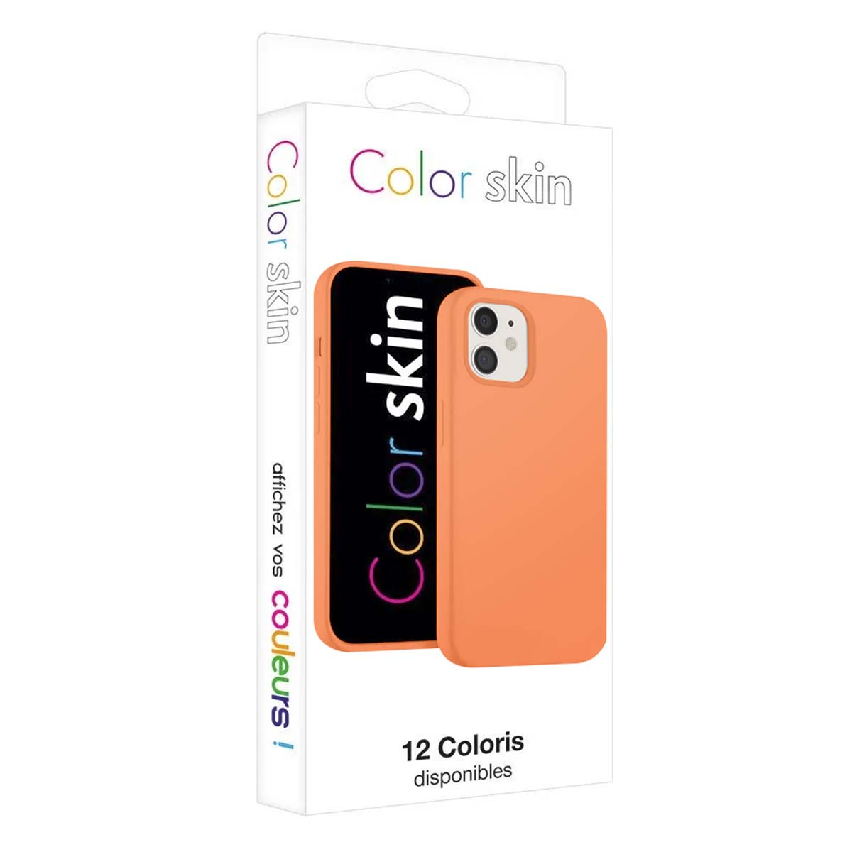 Emballage d'étui de téléphone et de protecteur d'écran orange. Texte : "Color skin".