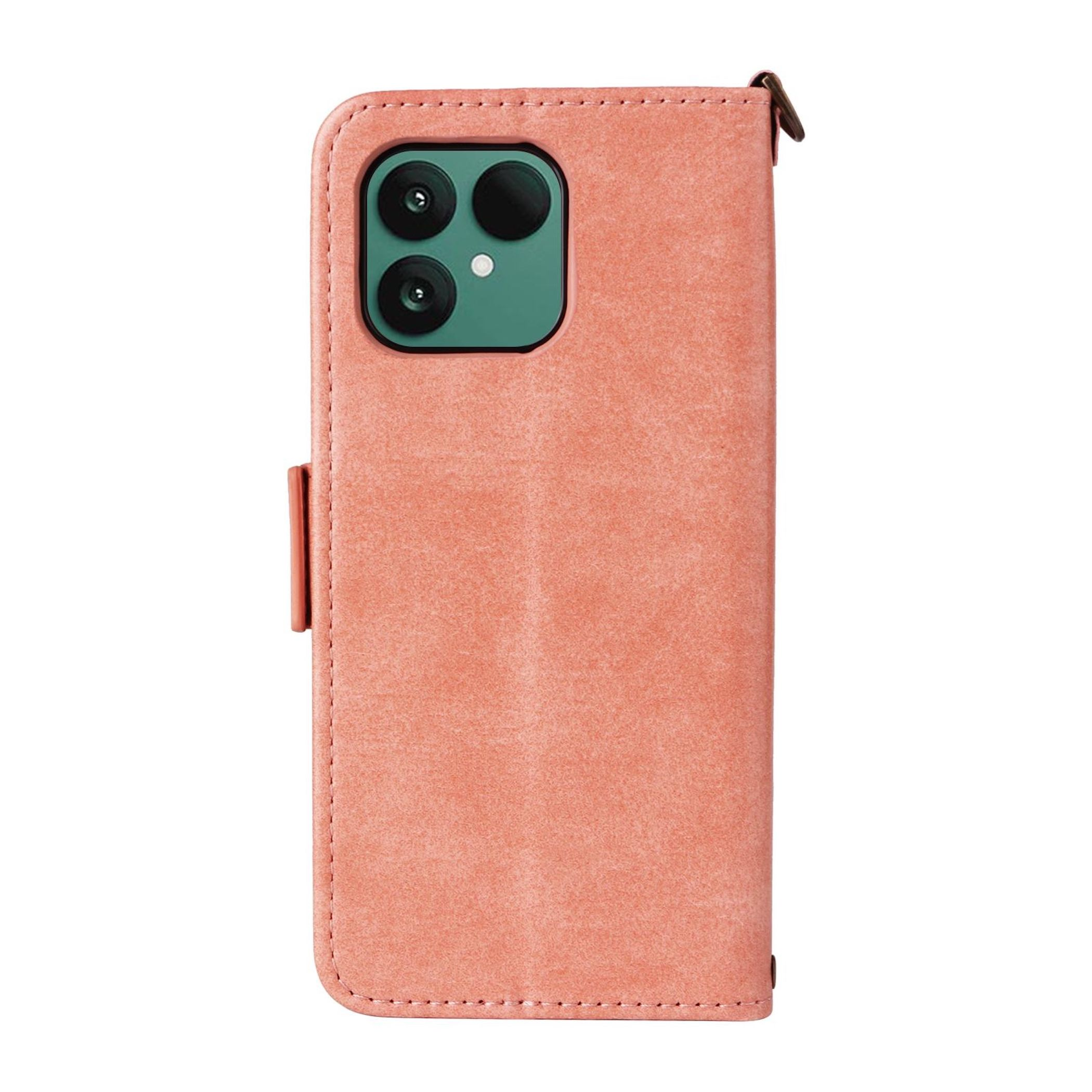 Ein Korallenfarbenes iPhone-Etui mit drei Kameralinsen und einem Blitz.