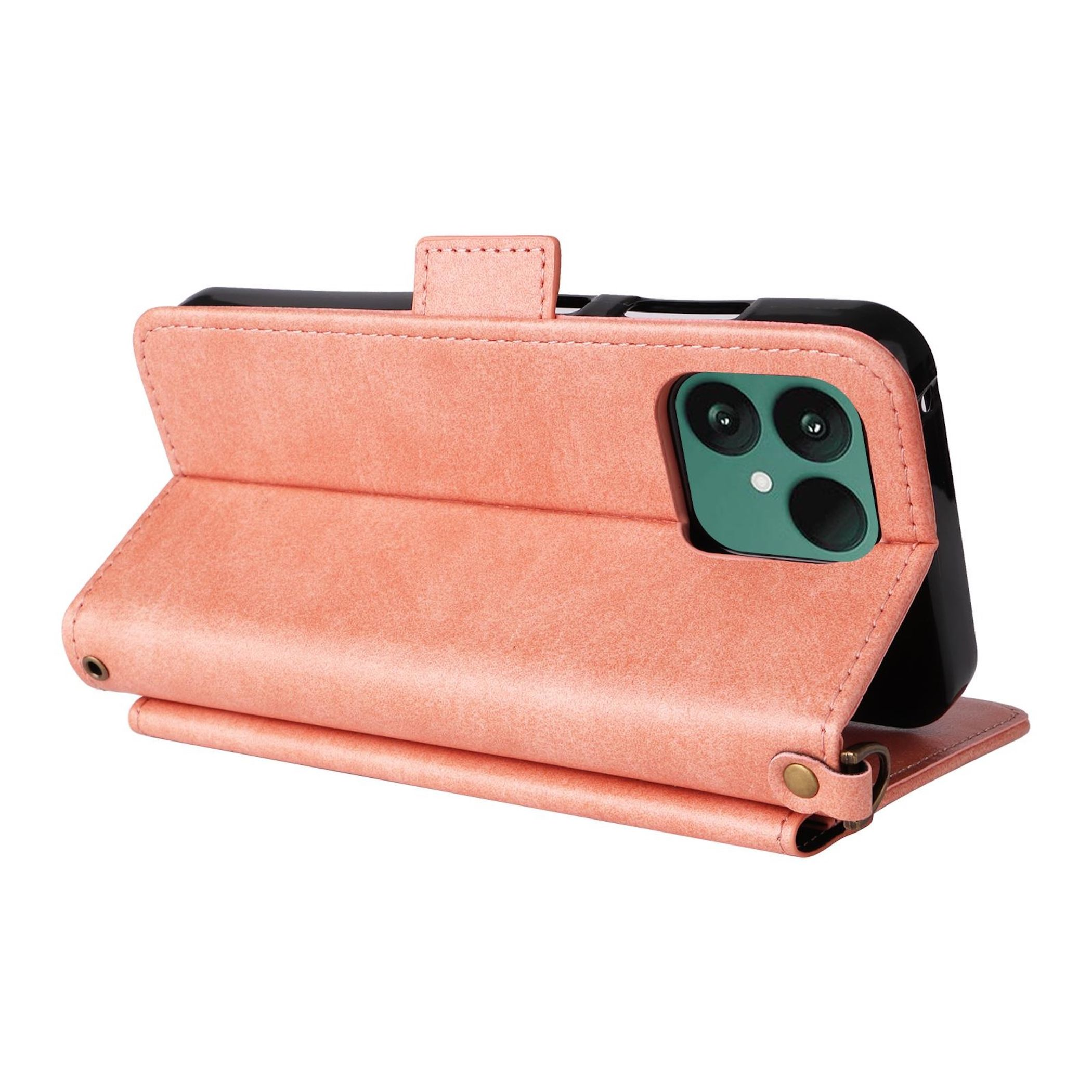 Ein rosafarbener Leder-Wallet-Schutz für ein Smartphone mit offener Klappe.