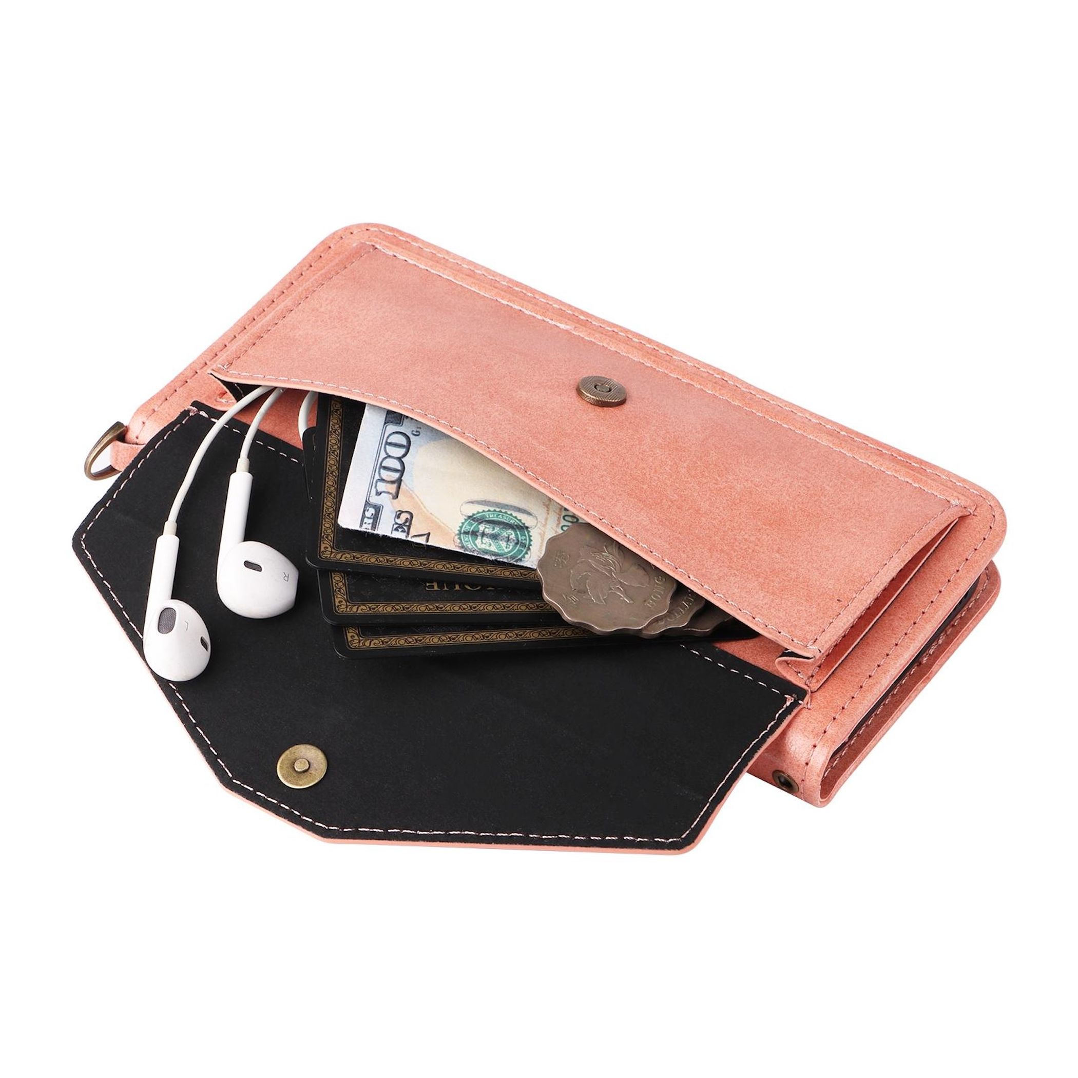 Eine pinke Brieftasche mit weißen Ohrhörern, einem 100-Dollar-Schein, Münzen und Karten.
