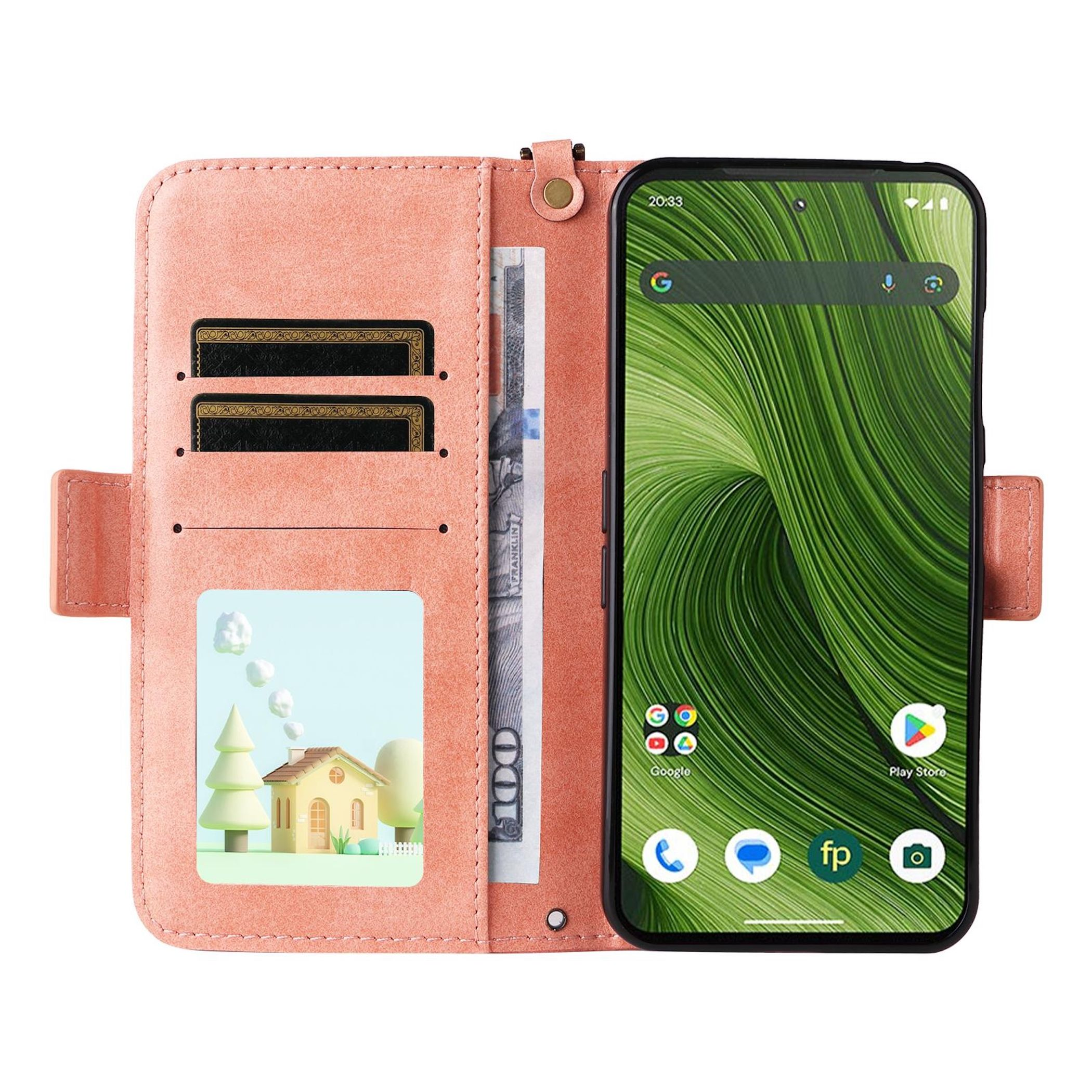Rosa Brieftaschen-Handyhülle mit Karten, Geld und Cartoon-Haus-Szene.