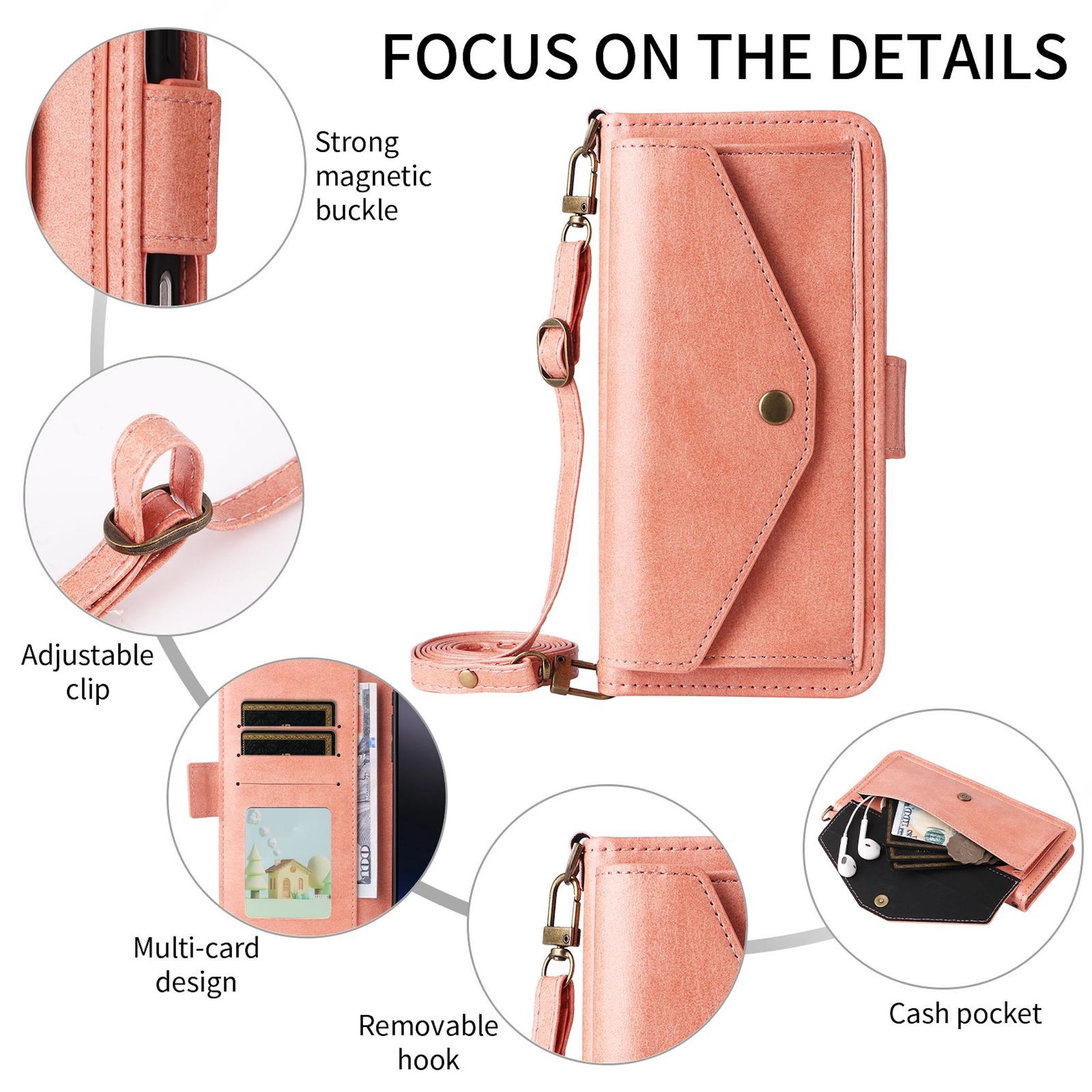 Eine pinke Brieftaschenhülle mit mehreren Kartenfächern, einer Geldfach und einem abnehmbaren Riemen.