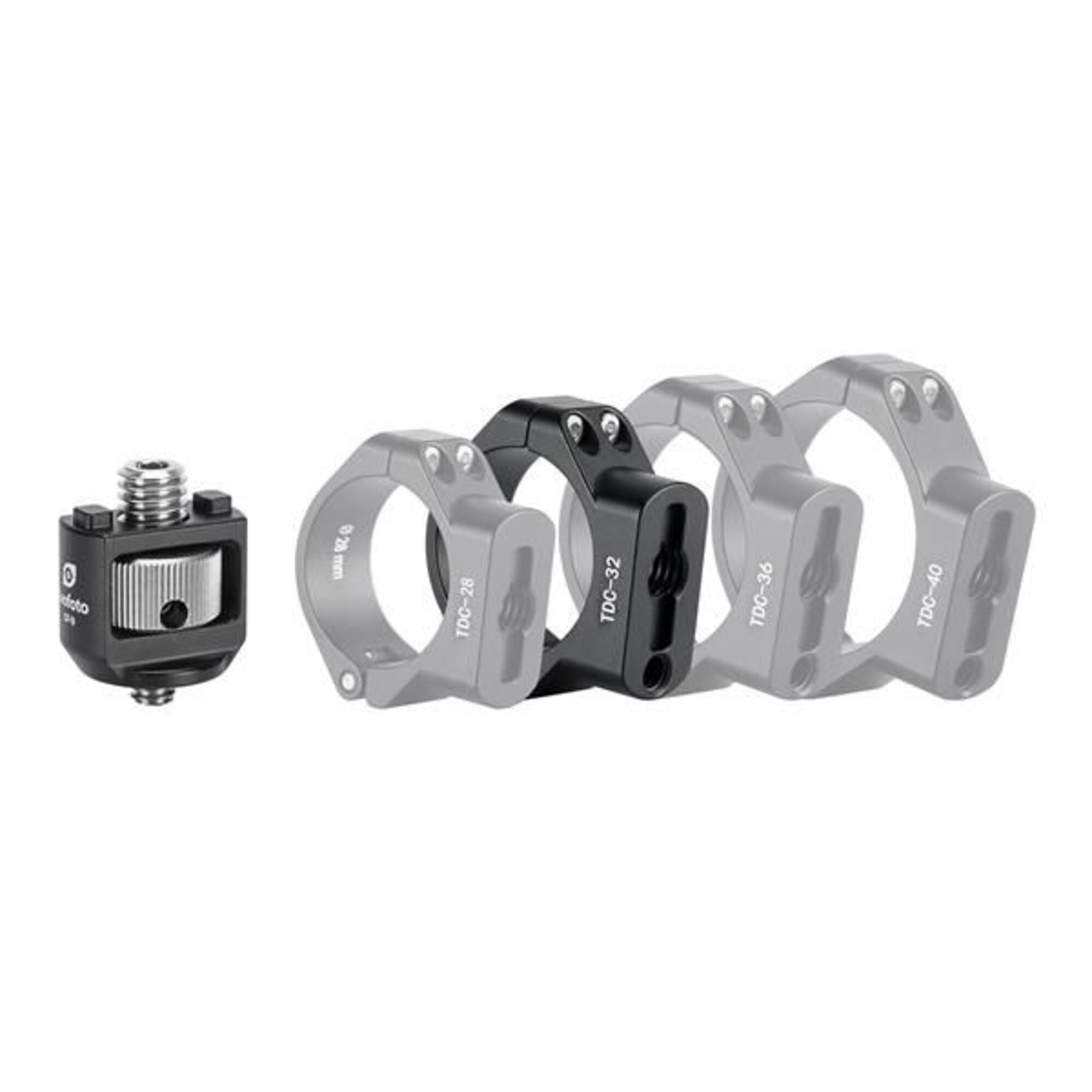 Ein schwarzer Adapter und drei graue Ringe mit Größenangaben.