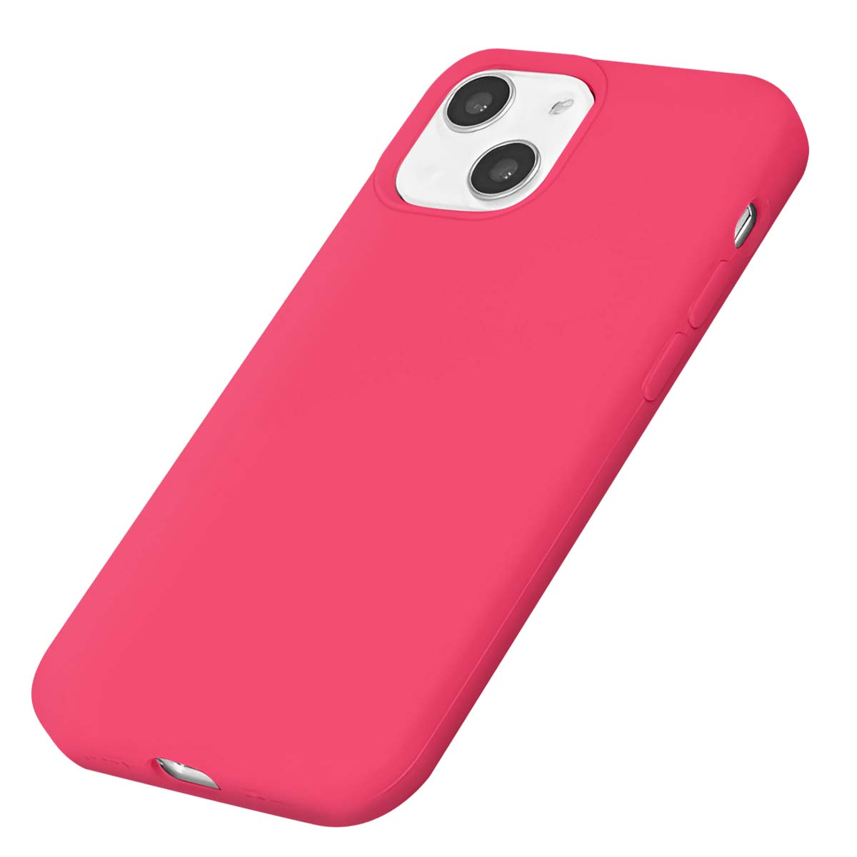 Eine leuchtend pinke Handyhülle mit Kameraaussparung wird schräg auf weißem Hintergrund gezeigt.