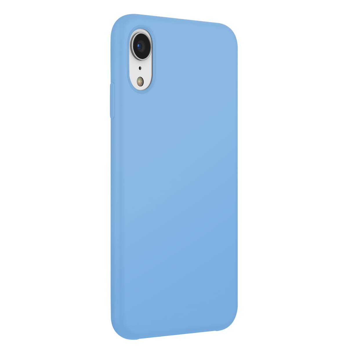 Una funda de teléfono azul claro con recorte para la cámara. La funda está sobre fondo blanco.