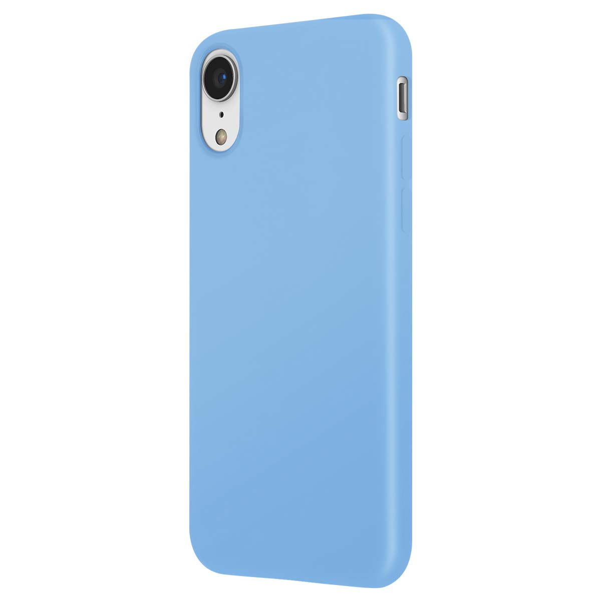 Se muestra una funda de teléfono azul claro con recorte de cámara sobre fondo blanco.