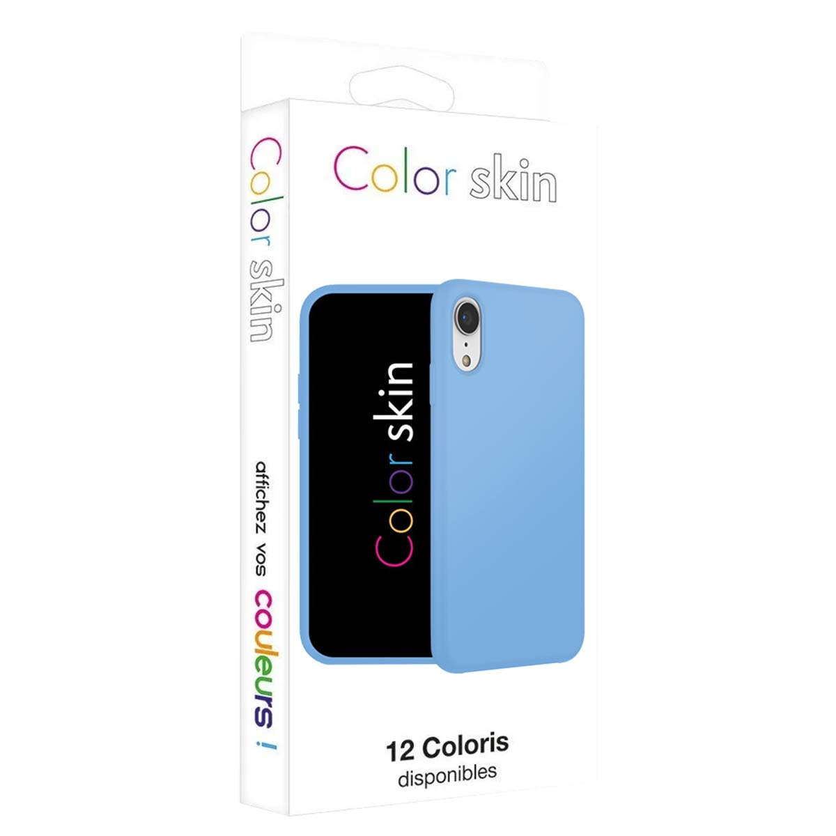 Se muestra una funda de teléfono azul en su embalaje. Texto: 'Color skin'.