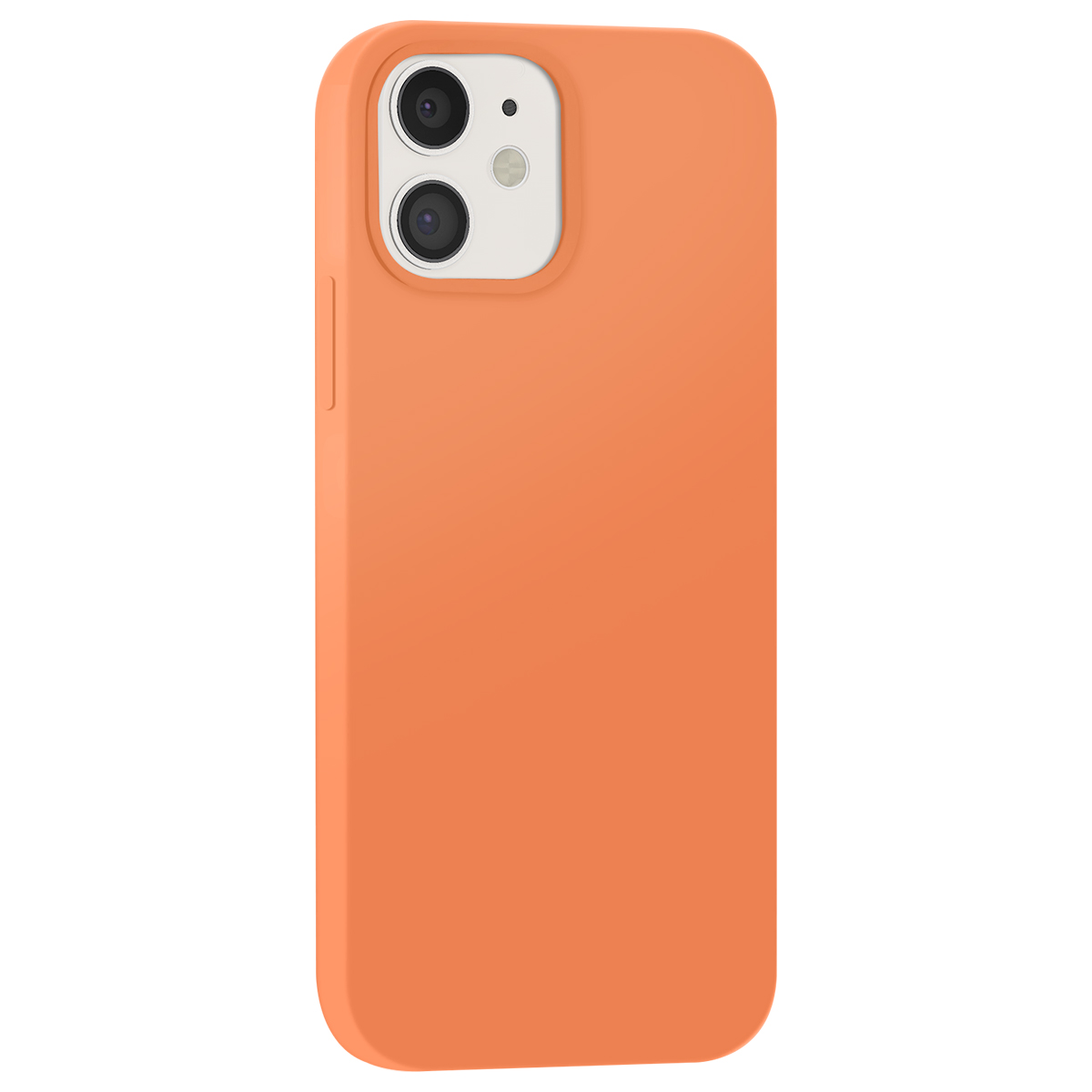 Une coque de téléphone orange avec une découpe pour double appareil photo au dos.