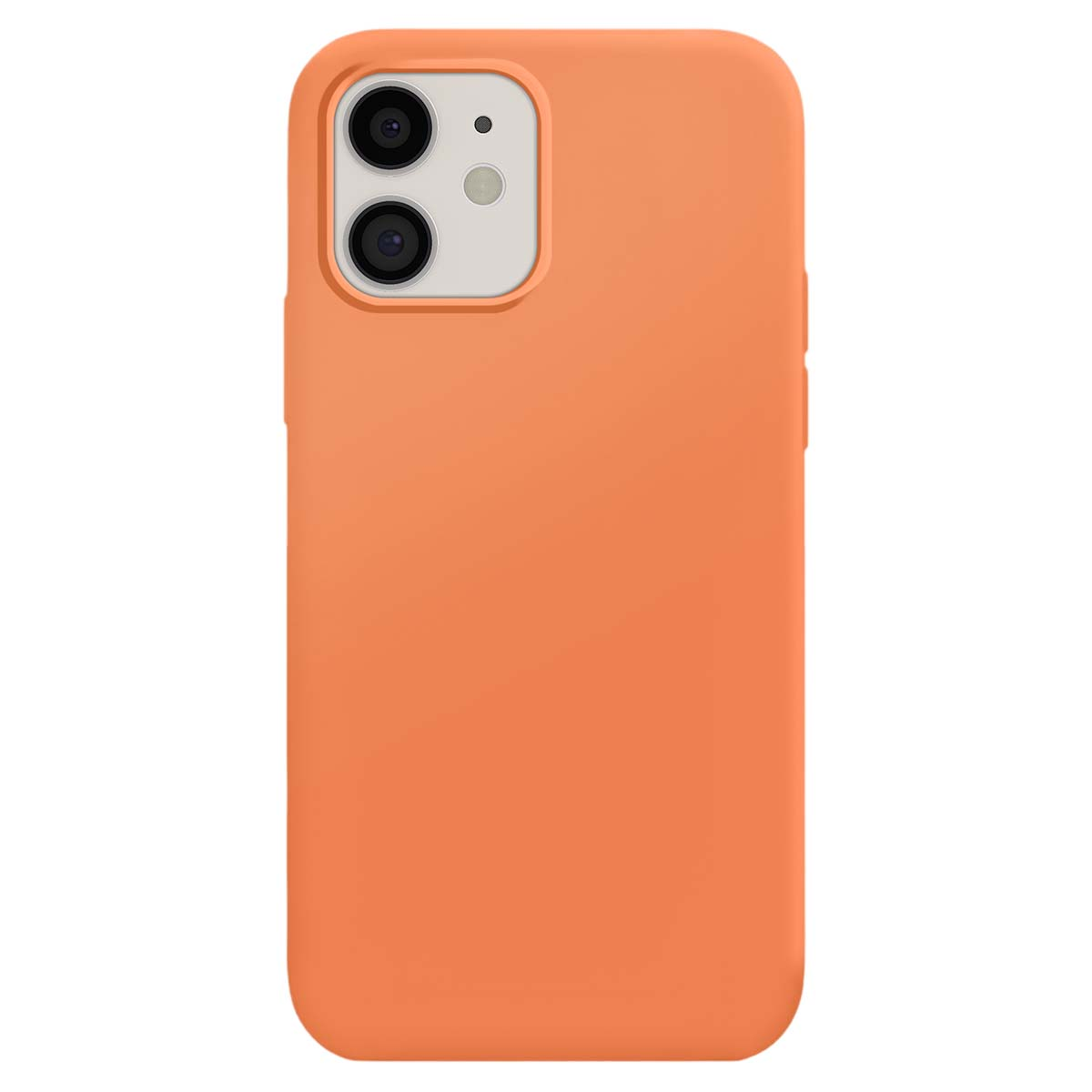 Une coque de téléphone orange avec découpe caméra en haut à gauche, sur fond blanc.
