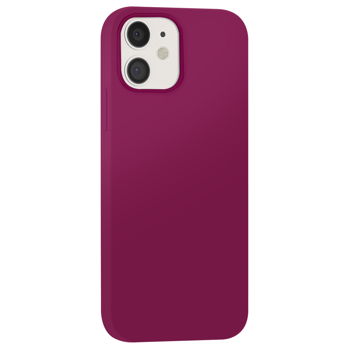 Une coque de téléphone magenta avec découpe pour double appareil photo est montrée sur fond blanc.