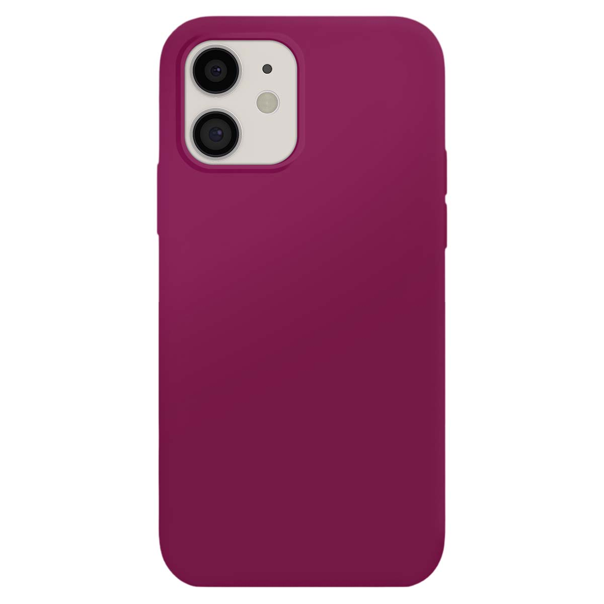 Une coque iPhone rose foncé avec découpe pour double appareil photo sur fond blanc.