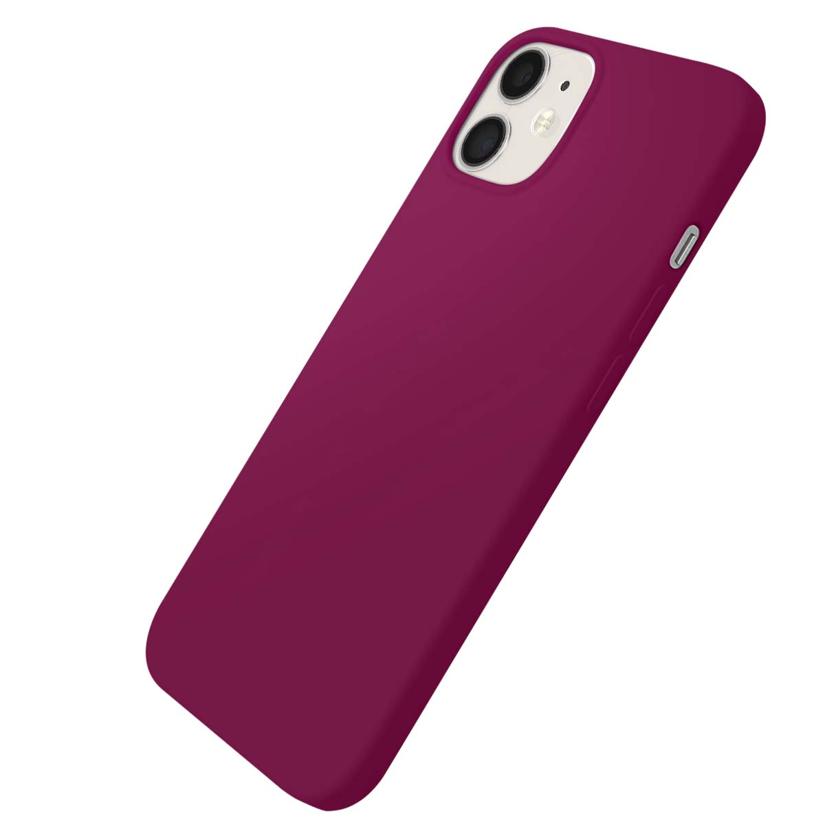 Une coque de téléphone prune avec découpe double caméra est montrée sur fond blanc.