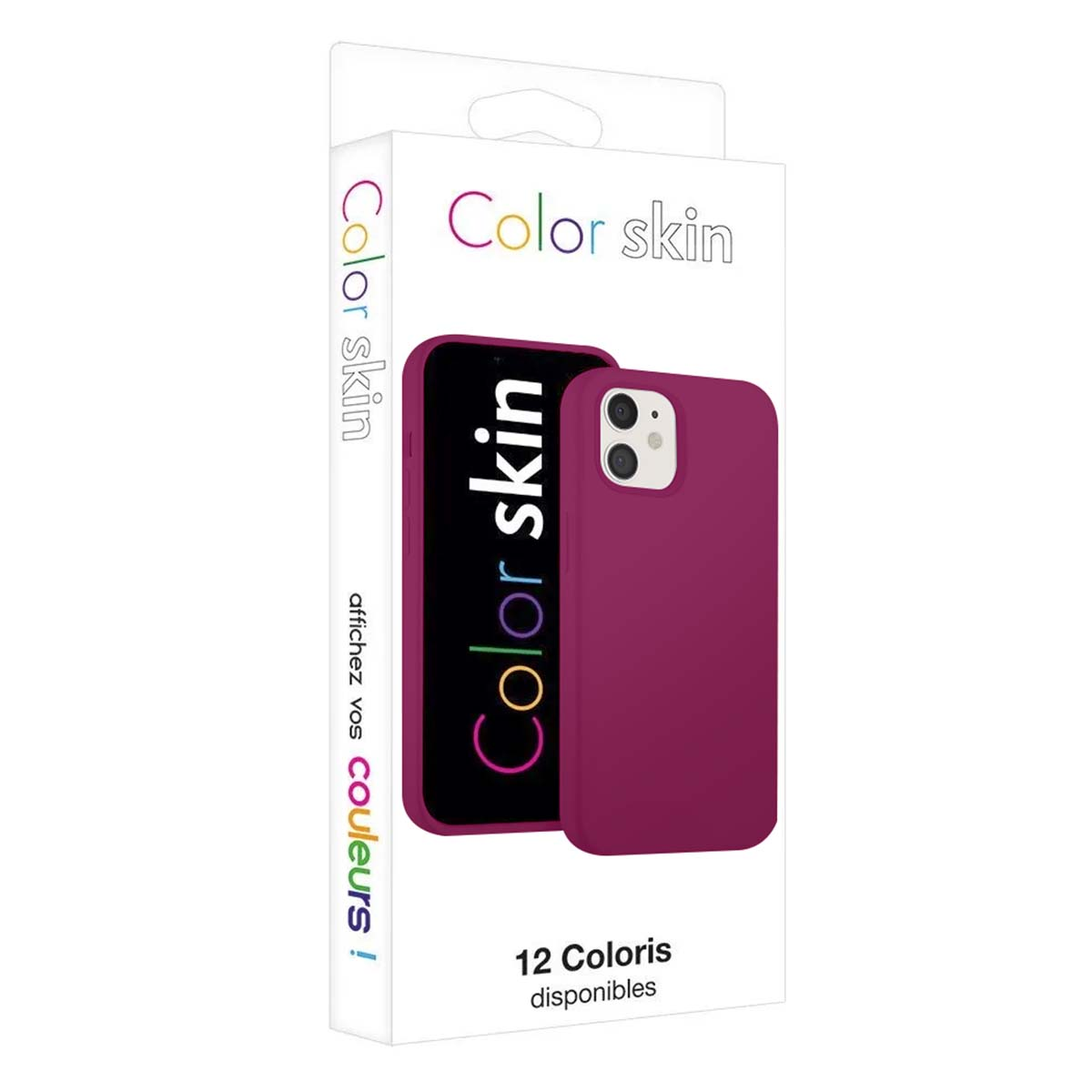 Un étui de téléphone et un protecteur d'écran magenta sont présentés dans une boîte avec du texte coloré.