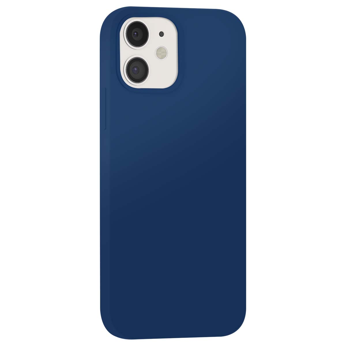Una custodia blu scuro per iPhone è mostrata su sfondo bianco. Il ritaglio della fotocamera rivela due lenti.