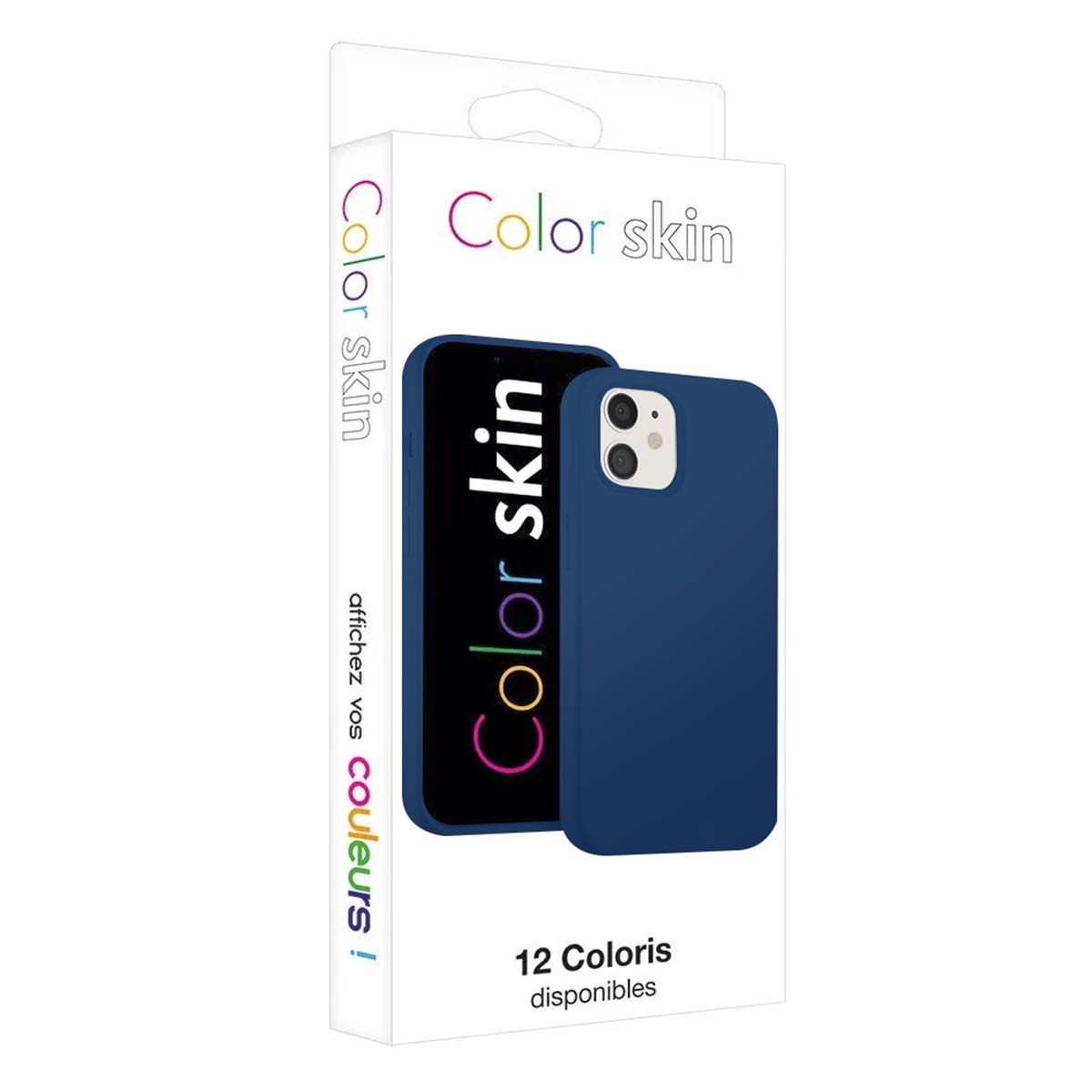 Scatola per cover telefono Color skin, mostra un telefono blu con cover blu abbinata.