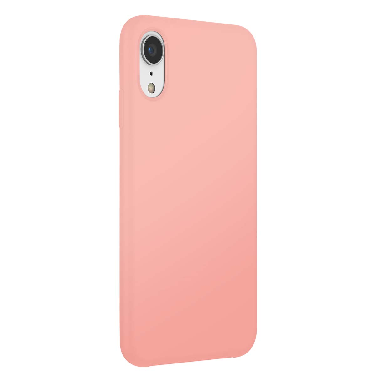 Se muestra una funda rosa para iPhone con recorte de cámara sobre fondo blanco.