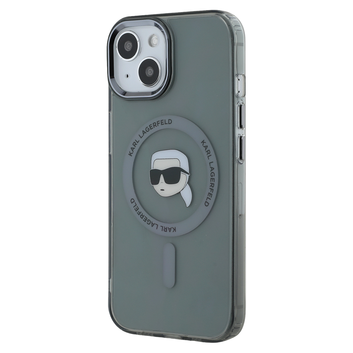 Una custodia grigia per iPhone con l'iconico volto e logo di Karl Lagerfeld.