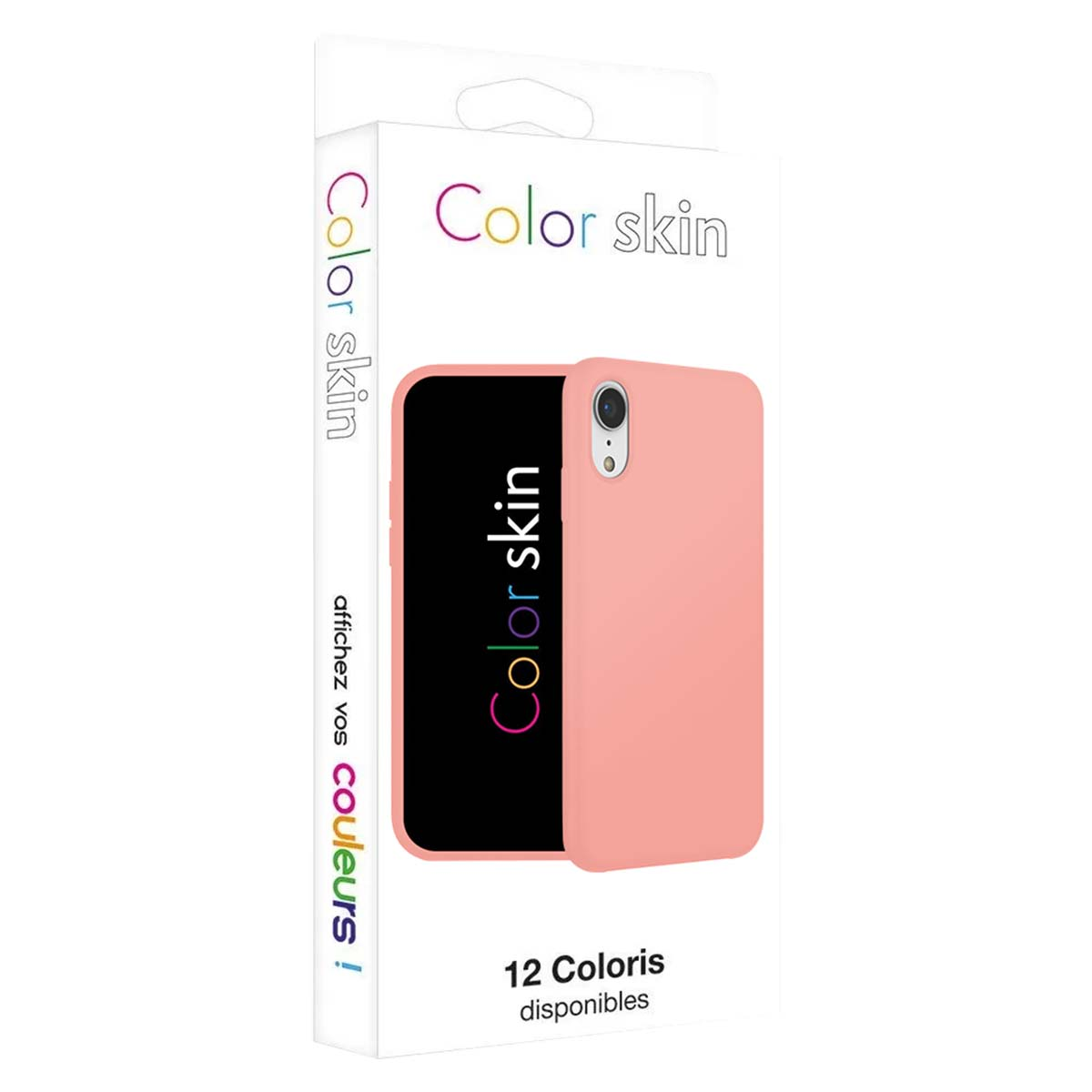 Funda rosa para teléfono en embalaje. Texto 'Color skin' y '12 Coloris disponibles'.