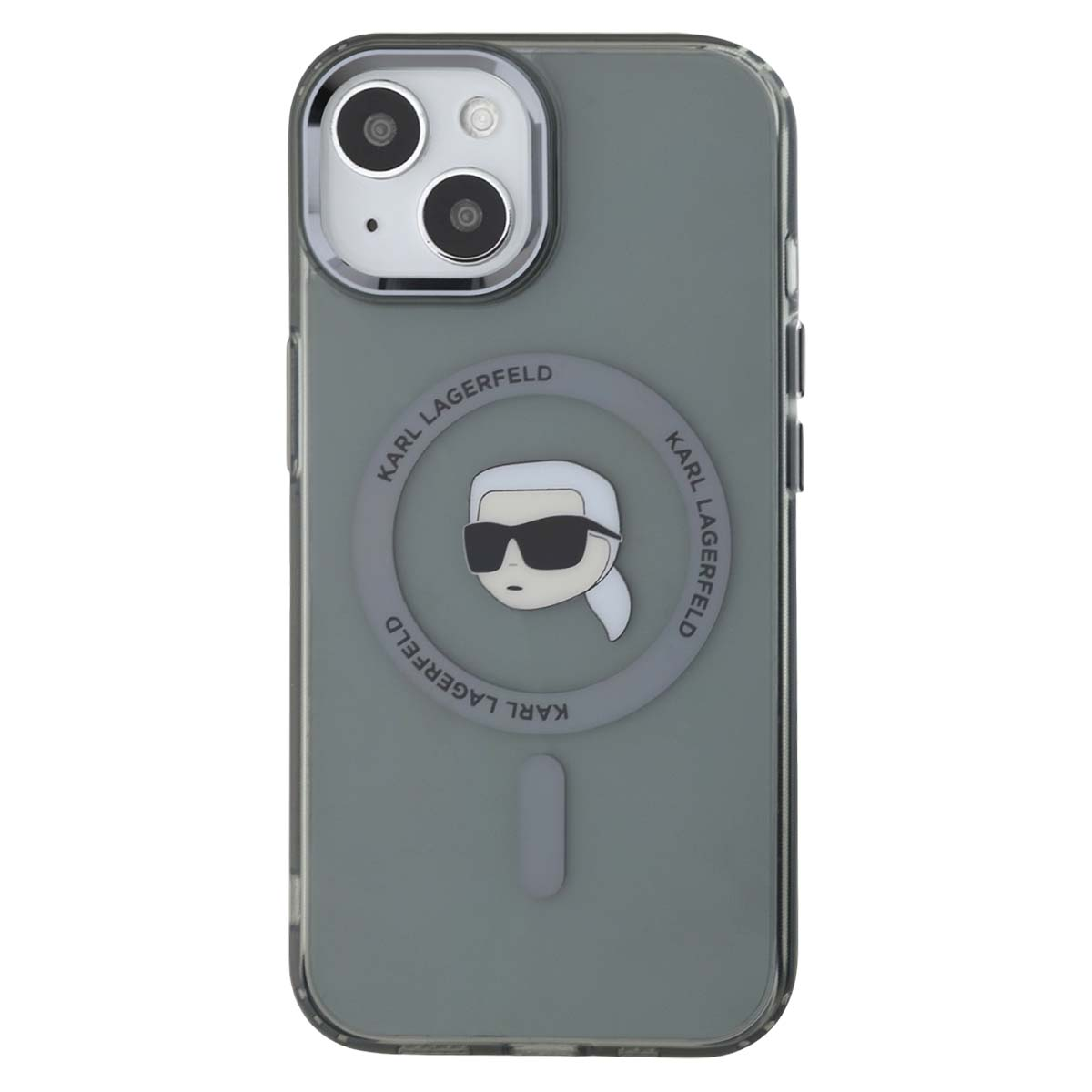 Custodia per iPhone con logo e immagine Karl Lagerfeld. Sfondo grigio.