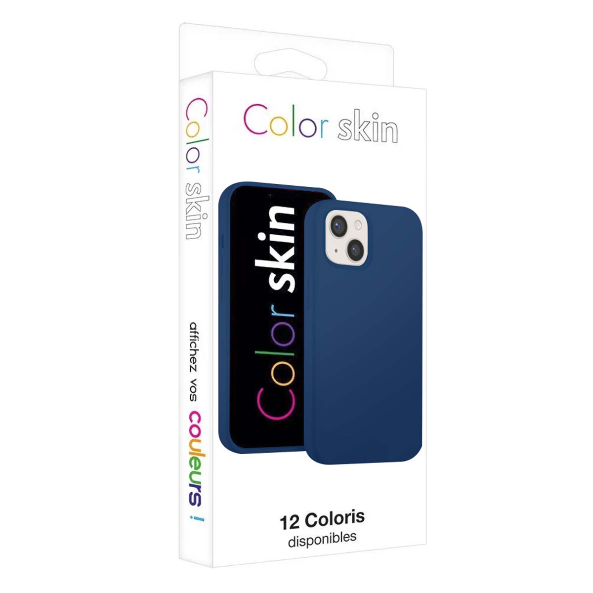 Eine blaue Handyhülle und ein Handy sind in der Verpackung von Color Skin zu sehen.